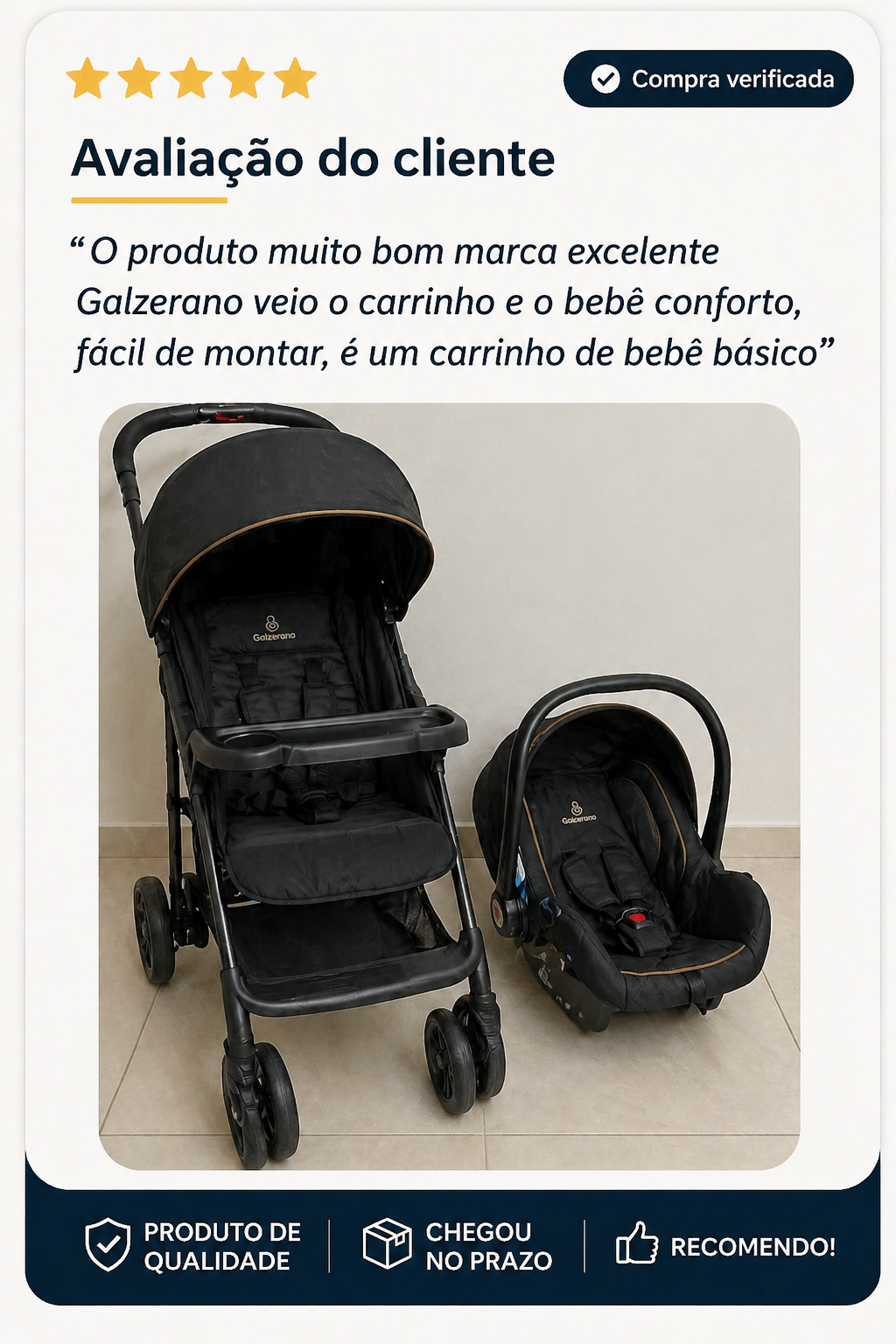 Carrinho de Bebê Galzerano Milano II Reversível Preto 0-15kg com Função Berço Passeio