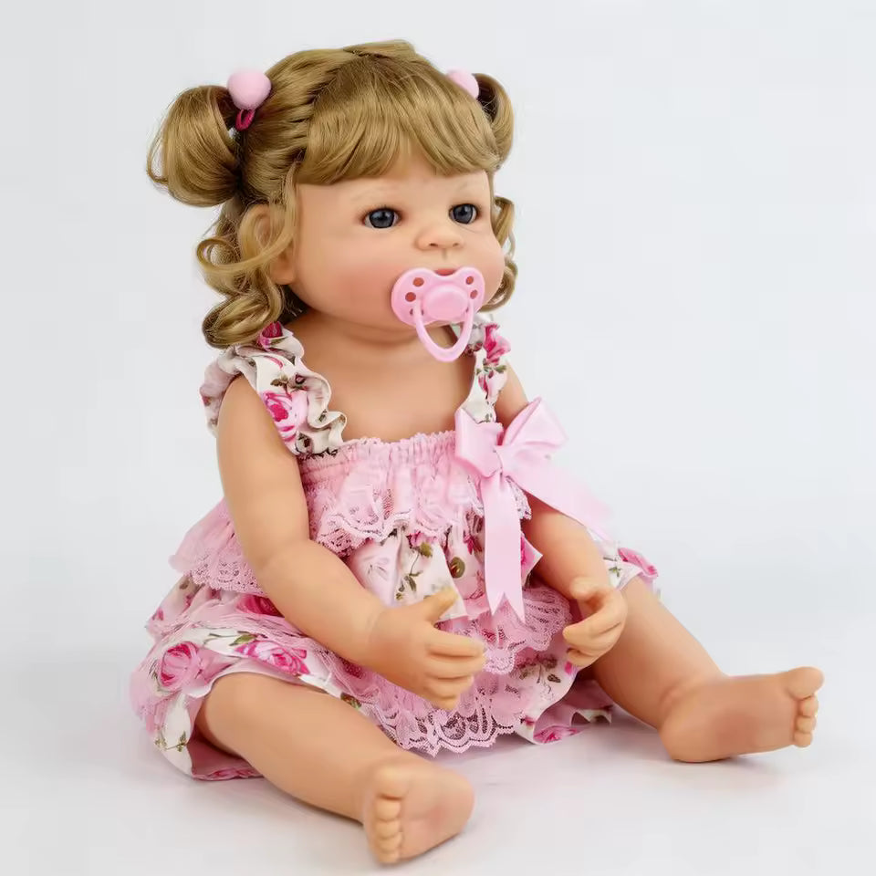 Boneca Reborn Bebê Realista Loira Princesa Cabelos Cacheados 55cm