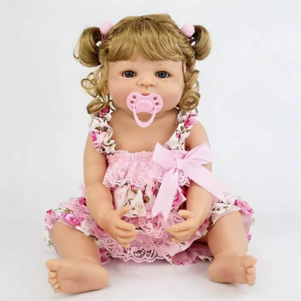 Boneca Reborn Bebê Realista Loira Princesa Cabelos Cacheados 55cm