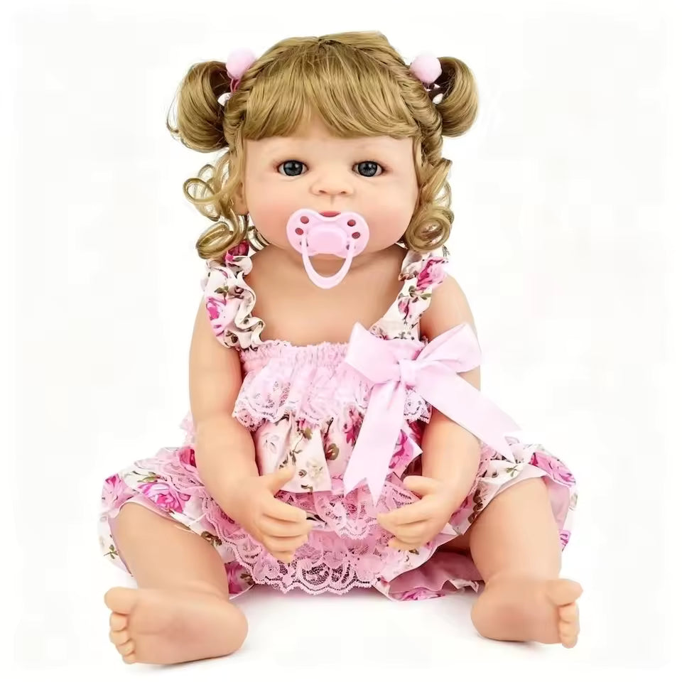 Boneca Reborn Bebê Realista Loira Princesa Cabelos Cacheados 55cm