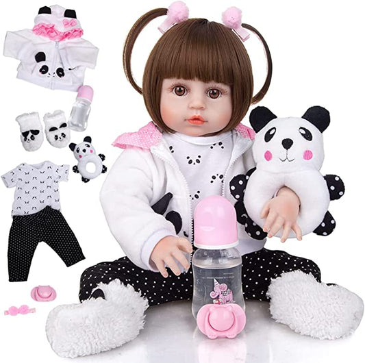 Bebe Reborn Júlia Linda de Silicone Vinil Macio + Ursinho de presente Roupas de Panda