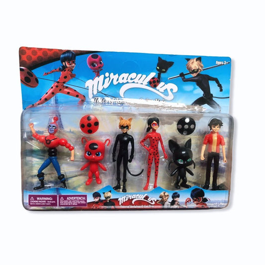 KIT CARTELA 6 BONECOS MIRACULOUS LADYBUG & CAT NOIR 12 CM PRONTA ENTREGA